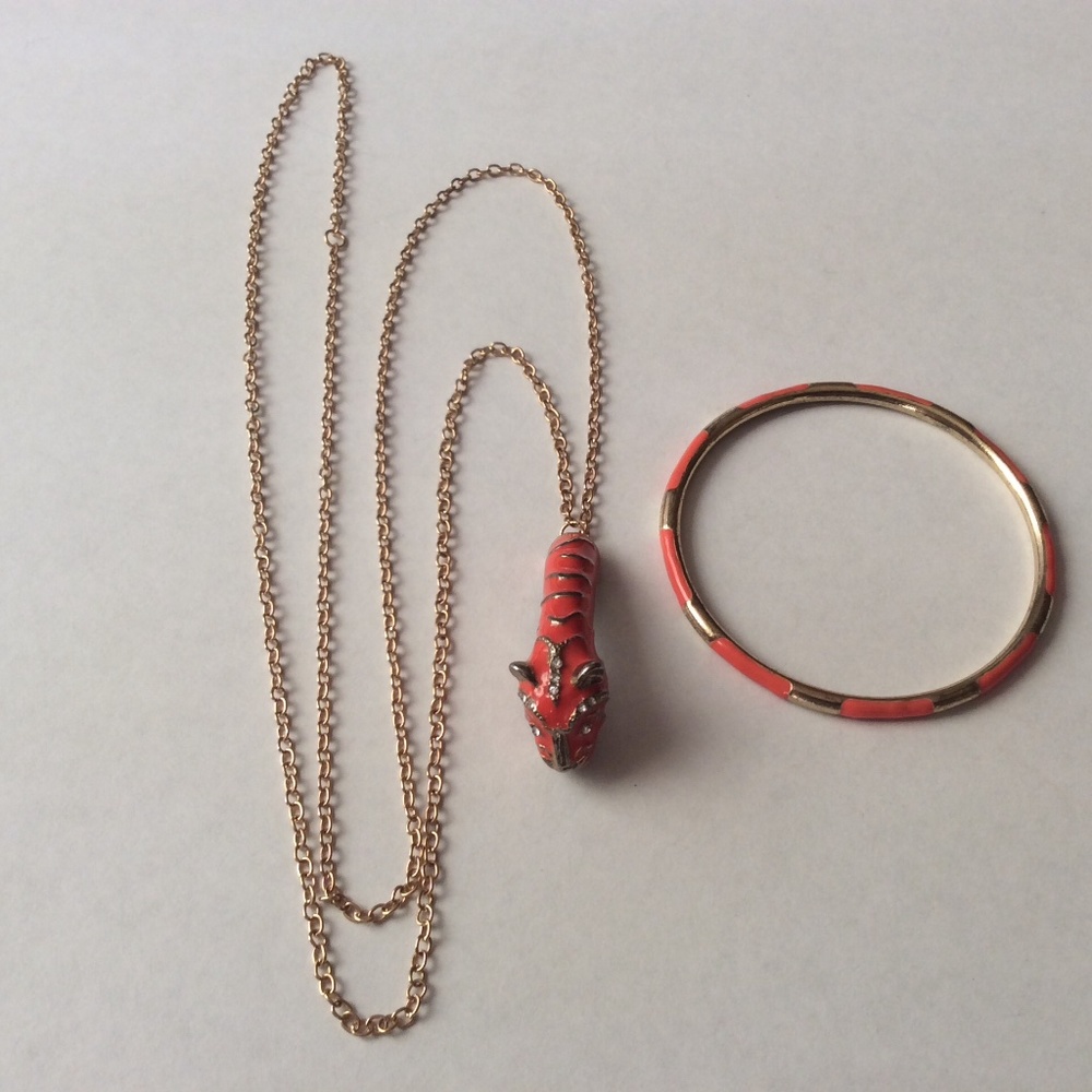 Vintage Set Enameled Rhinestone Orange Tiger Pendant Chain Necklace And Bracelet
